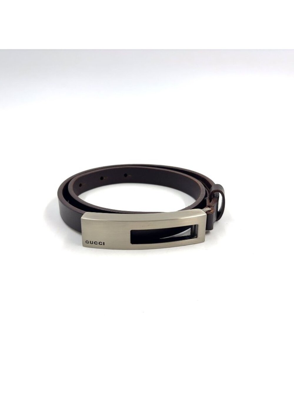 Gucci Logo Square Buckle Leather Metal Silver Dark Brown Belt